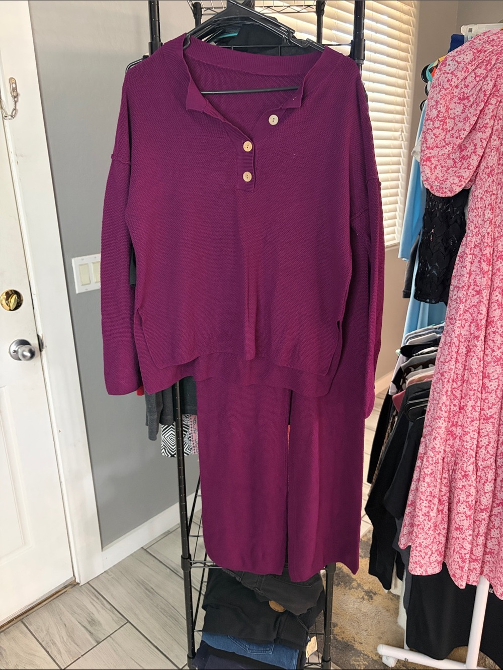 Cozy Waffle-Knit Henley Pajama Set - Deep Plum